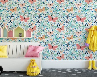 Roze en blauwe bloemenvlinderkwekerij voorgeplakt behang | Kinderkamer, speelkamer, slaapkamer wanddecoratie | Peuter & Kinderen | Verwijderbare muurkunst