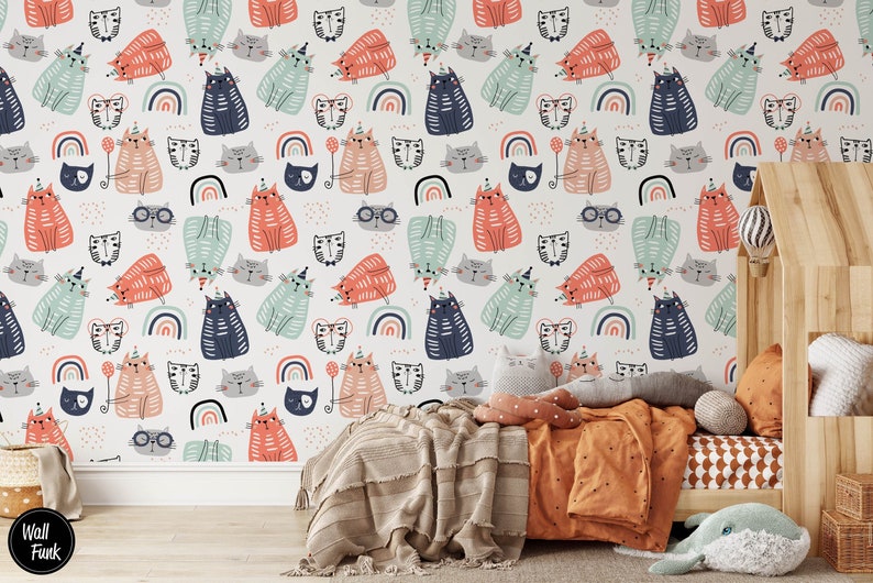 Schattige rustieke kat Boho kwekerij kinderbehang muurschildering, verwisselbare dierenmuur kunst voor kinderslaapkamer of speelkamer, peuter of baby decor afbeelding 1