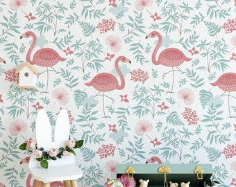 Schattig roze flamingo bloemenkwekerij voorgeplakt behang | Dierenkwekerij, speelkamer, slaapkamer wanddecoratie | Peuter & Kinderen | Verwijderbare muurkunst