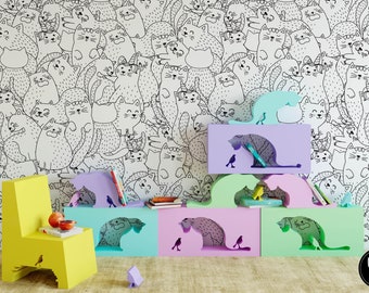 Zwart-witte katten kinderkamer kinderbehang muurschildering, verwijderbare dierenmuurkunst voor kinderslaapkamer of speelkamer, peuter- of babydecor