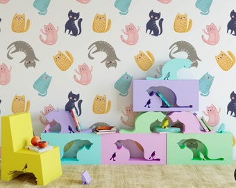 Cat Nursery Kinderbehangmuurschildering, verwijderbare muurkunst voor kinderslaapkamer of speelkamer, peuter- of babydecor