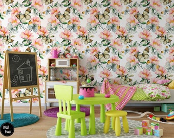 Vlinder bloemen kinderkamer voorgeplakt behang | Schattige Posy kinderkamer, speelkamer, slaapkamer muur decor | Peuter & Kinderen | Verwijderbare muurkunst