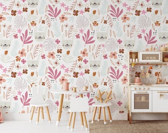 Schattig konijn gezicht bloemenkwekerij voorgeplakt behang | Posy kinderkamer, speelkamer, slaapkamer muur decor | Peuter & Kinderen | Verwijderbare muurkunst