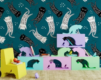 Blue Boho Cat Nursery Children's Wallpaper Mural, Removable Animal Wall Art for Kid's Bedroom or Playroom, Toddler or Baby Decor
