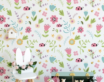 Levendige bloemen Posy Floral kinderkamer voorgeplakt behang | Leuke kinderkamer, speelkamer, slaapkamer wanddecoratie | Peuter & Kinderen | Verwijderbare muurkunst
