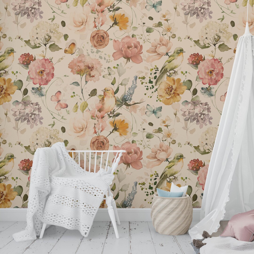Floral Nursery Wallpaper, Removable Watercolour Mural Floral Wallpaper ...