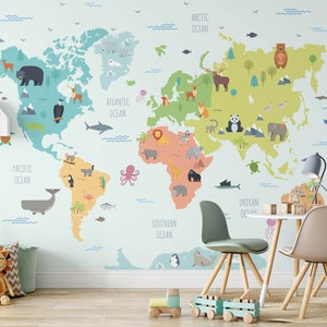 Safari Weltkarte Tapete, abnehmbare Kinderzimmer Dschungel Wandbild Tapete, Kinder schlafzimmer Tapete, Kinder abnehmbare Dschungel Tapete