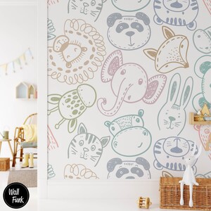 Carta da parati per la cameretta dei bambini con simpatici volti di animali, animali della giungla, safari, decorazioni da parete rimovibili per sala giochi e cameretta dei bambini, decorazioni per neonati o bambini piccoli