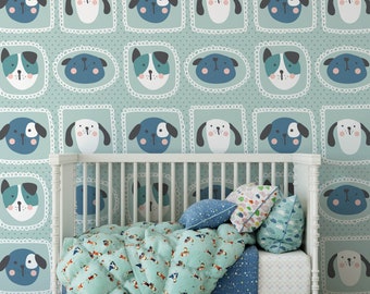 Blue Dog Faces Nursery Kinderbehangmuurschildering, verwijderbare dierenmuurkunst voor kinderslaapkamer, kinderspeelkamer, peuter- of babydecor.