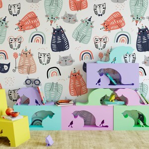 Schattige rustieke kat Boho kwekerij kinderbehang muurschildering, verwisselbare dierenmuur kunst voor kinderslaapkamer of speelkamer, peuter of baby decor afbeelding 2