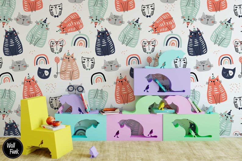 Schattige rustieke kat Boho kwekerij kinderbehang muurschildering, verwisselbare dierenmuur kunst voor kinderslaapkamer of speelkamer, peuter of baby decor afbeelding 2