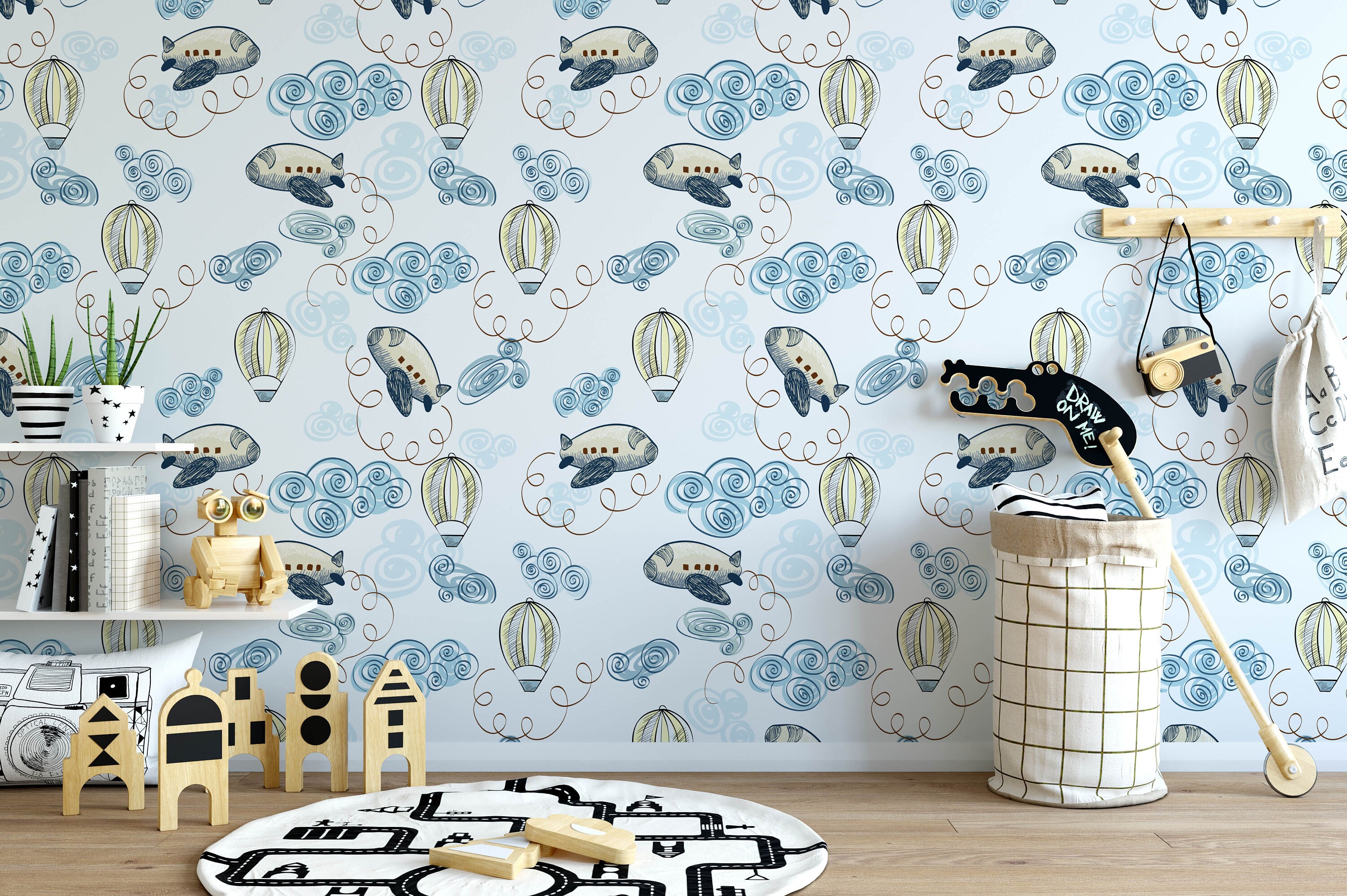 Plane Nursery Wallpaper, Clouds Kids Wallpaper, Children's Custom Bedroom Wallpaper, Kid's