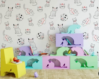 Speelse kattenkwekerij Kinderbehangmuurschildering, verwijderbare schattige dierenmuurkunst voor kinderslaapkamer of speelkamer, peuter- of babydecor