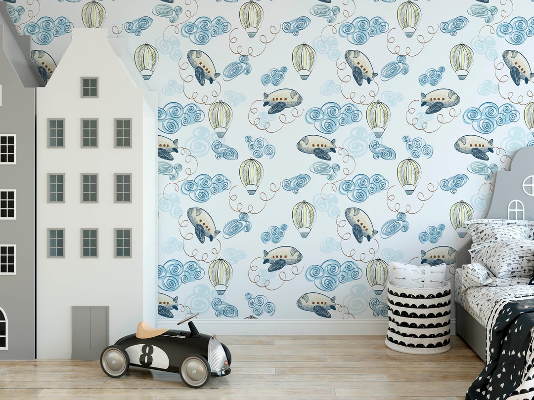 Plane Nursery Wallpaper, Clouds Kids Wallpaper, Children's Custom Bedroom Wallpaper, Kid's