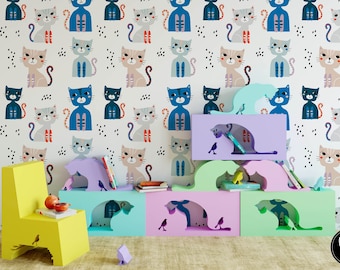 Voorgeplakte kattenkwekerij kinderbehang muurschildering, verwijderbare muurkunst voor kinderslaapkamer of speelkamer, peuter- of babydecor