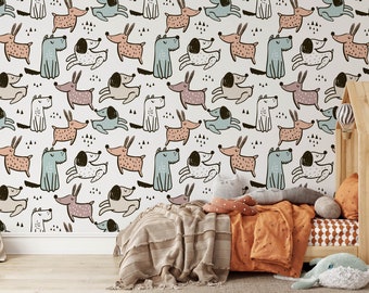 Schattige hond Boho Kinderkwekerij Dierenbehang Muurschildering, Aangepaste verwijderbare muurkunst voor kinderslaapkamer, speelkamer, peuter of babydecor