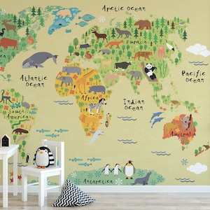 Safari Weltkarte Tapete, abnehmbare Kinderzimmer Dschungel Wandbild Tapete, Kinder schlafzimmer Tapete, Kinder abnehmbare Dschungel Tapete