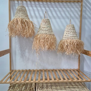 Boho Raffia Fringe Lamp Shade: Handwoven Moroccan Pendant Light