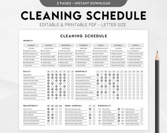 May include: A black and white printable cleaning schedule checklist with daily, weekly, monthly, quarterly, semi-annual, and annual tasks. The checklist includes tasks for the kitchen, living area, bathroom, bedroom, entrance/hallway, laundry, and miscellaneous areas.