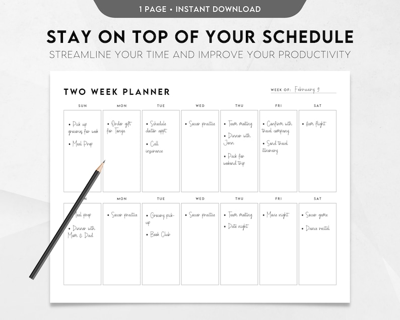 Two Week Planner Printable, Weekly Calendar, Weekly Schedule Template, Weekly to Do List, Weekly ...