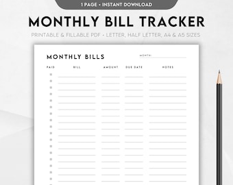 Editable Monthly Bill Tracker, Monthly Bill Log, Bill Planner, Bill Payment Checklist Tracker, Printable Bill Pay Organizer, Bill Management