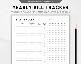 Editable Yearly Bill Tracker, Yearly Bill Log, Bill Planner, Bill Payment Checklist Tracker, Printable Bill Pay Organizer, Bill Management