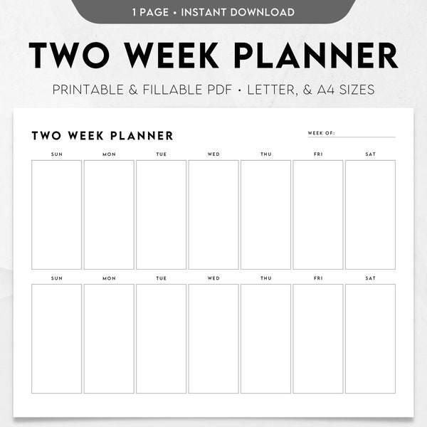 Two Week Planner Printable, Weekly Calendar, Weekly Schedule Template, Weekly To Do List, Weekly Agenda, Week At A Glance, Minimalist