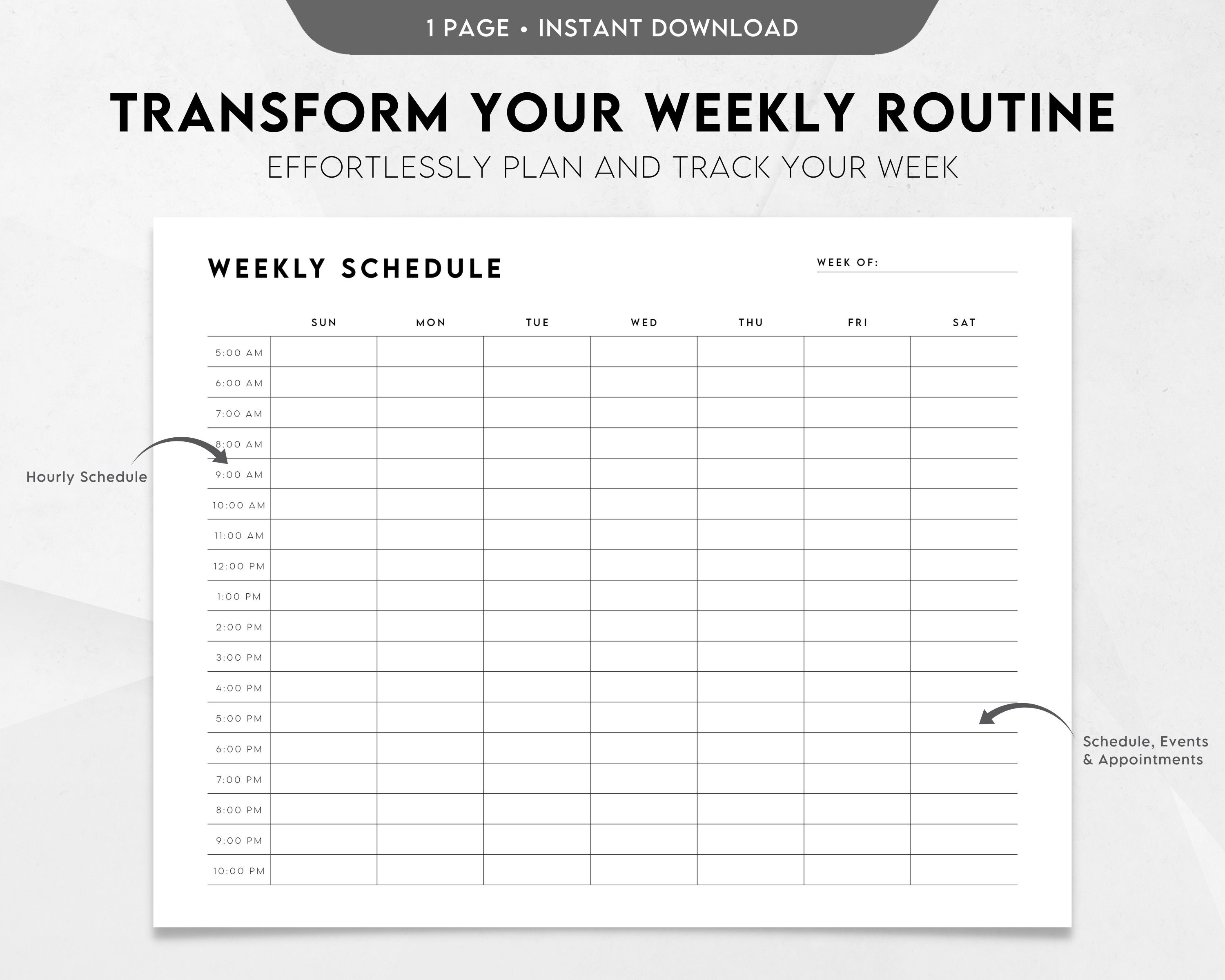 Hourly Weekly Schedule Printable Template, Weekly Calendar, Weekly ...