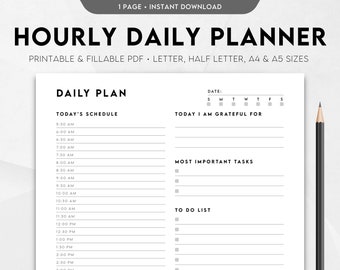 May include: A black and white printable daily planner with sections for today's schedule, most important tasks, and a to-do list. The planner also includes a section for writing down what you are grateful for and a date section with boxes for each day of the week.