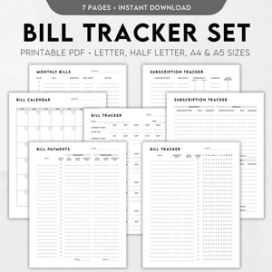 May include: A printable bill tracker set with seven pages, including monthly bills, bill calendar, bill payments, and subscription trackers. The pages are designed in black and white with a minimalist aesthetic.