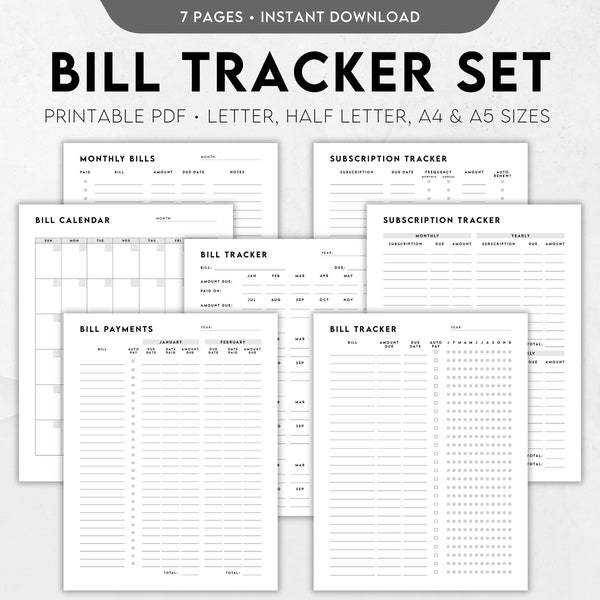 Bill Tracker-bundel bewerkbaar, Bill Payment Tracker afdrukbaar, abonnementstracker, factuurkalender, factuurorganisator, checklist voor factuurbetaling