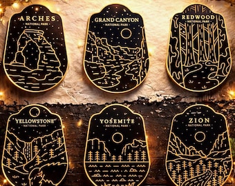 Retro Outdoor Line Art National Parks: The Arches, Grand Canyon, Yosemite, Yellowstone, Redwood, Adventure Badge