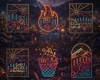 Retro Camping Line Art Bundle, Neon Outdoor Adventure Designs, Campfire RV Cabin Forest PNG
