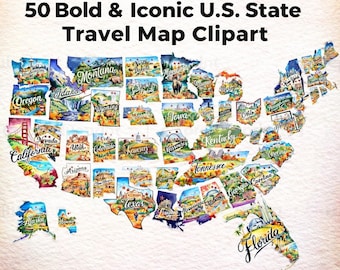 USA Travel Map Clipart: 50 States Landmarks Watercolor Illustrations, 50 Full Collections