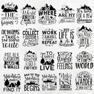 Adventure Quotes Sublimation Designs Bundle - Outdoor Travel Motivational SVGs - Wanderlust, Scenic Route, Explore, Mountain Camping PNG