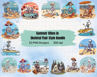 Skull Summer Clipart: Beach Skeleton PNG Design Bundle (Digital Download)