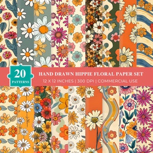 Hand Drawn Hippie Floral Paper: 70s Retro Patterns (Digital Download)