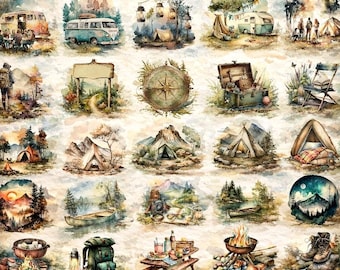 Watercolor Camping Clipart Bundle, Vintage Camper, Rustic Outdoor Adventure Illustrations, Woodland Sublimation