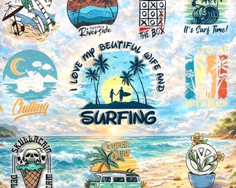 Surfing & Beach Life SVG PNG Bundle, Retro Summer Surf Designs, Beach Quotes