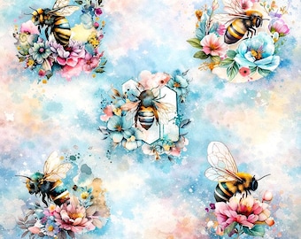 Watercolor Bee Floral Bundle, Honey Bee PNG Clipart, Spring Garden Insect Design