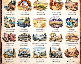 Paquete de imágenes prediseñadas de acuarela de parques nacionales de EE. UU., ilustraciones de paisajes vintage, viajes y naturaleza PNG