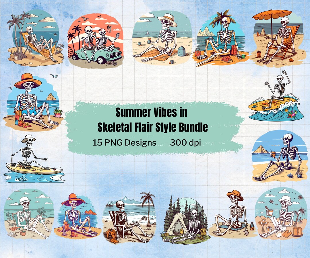 Skull Summer Clipart: Beach Skeleton PNG Design Bundle (digital ...