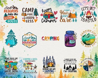 Happy Camper Quotes Bundle, Camping PNG Graphics, Camp More Worry Less