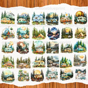 Watercolor Camping Clipart: Retro Caravan, Campfires PNG Bundle