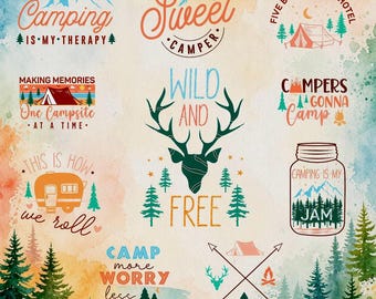 Camping SVG Bundle, Retro Adventure Quotes PNG Bundle, Camper Sublimation Designs