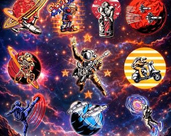 Retro Astronaut Space PNG Bundle, Cosmic Galaxy Sci-Fi Clipart