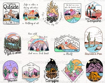 Retro Camping PNG Bundle, Wild Soul Adventure Graphics, Outdoor Explorer Quotes