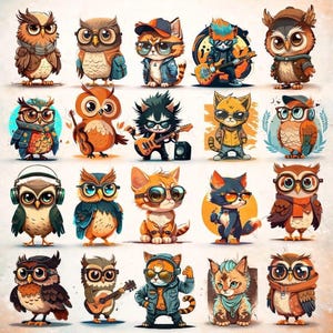 Hipster uil en kat cartoonbundel png, kawaii dieren clipartset