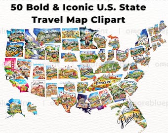 Explorez les États-Unis avec la carte de voyage des 50 États emblématiques audacieux : illustrations à l'aquarelle, célèbre monument des États-Unis, clipart PNG imprimable, téléchargement numérique