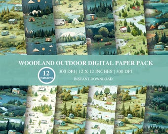 Woodland Camping Digital Paper Pack: Nature Scrapbook Patterns (Digital Download)